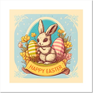 Vintage Easter Bunny Cute Floral Egg Hunting Rabbit Happy Easter Posters and Art